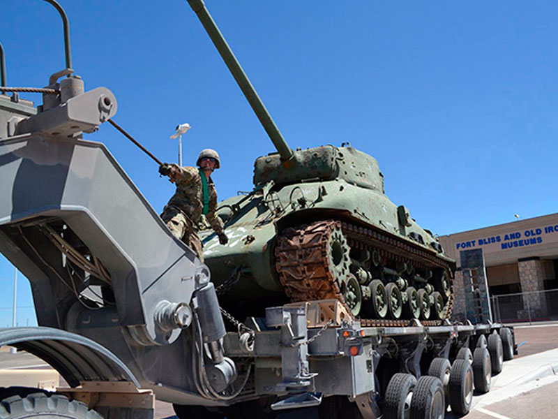 A US Army tank being transported to Fort Bliss and Old Ironsides Museums.